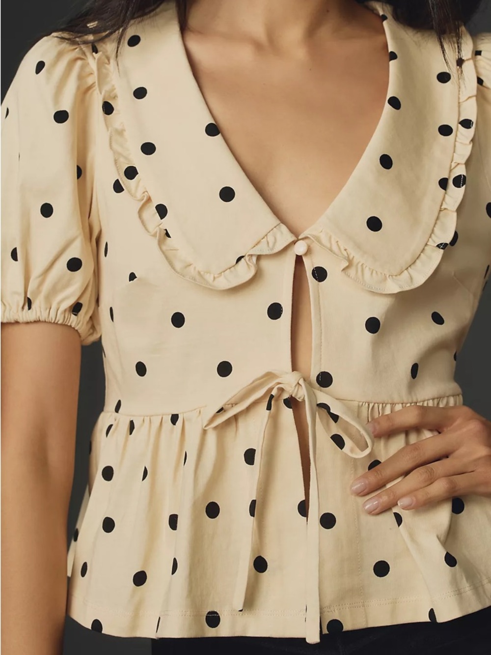 Anthropologie Porridge Polka Dot Gwen Puff Sleeve Peplum Top Dainty Babydoll XS - Picture 3 of 9